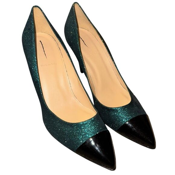 J CREW Teal Black Glitter Sparkles Captoe Heel Size 10 Pump Holiday Shoe - Picture 7 of 13